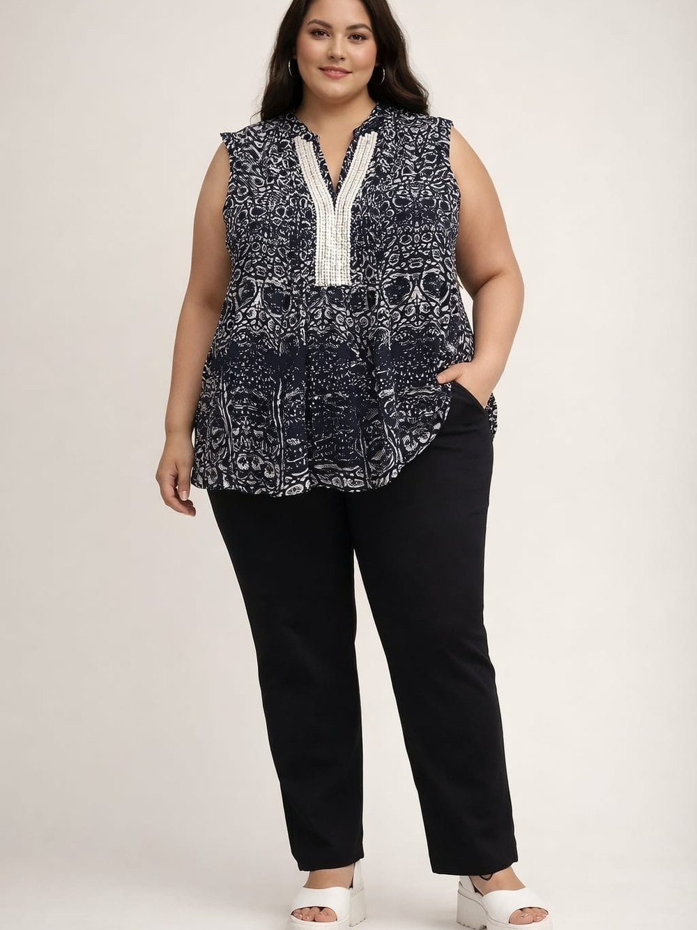 Alfani Black and White Sleeveless Printed Peasant Blouse